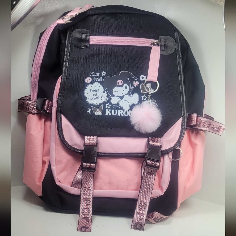 Kumori Cute Black and Pink Backpack with Keychain and charger